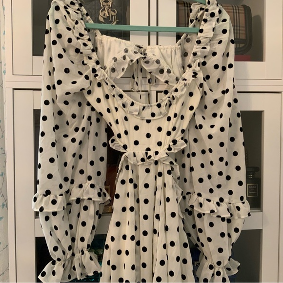 Dee Elly Mini Polkadot Dress Ruffles Long Sleeves Open Back Black Ivory Size S - Picture 4 of 7